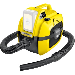 Gelber Kärcher Akku Nass-Trockensauger WD 1 Compact Battery mit Schlauch.
