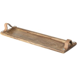 Braunes Deko-Tablett Malus von Boltze, 46 cm, aus Mangoholz mit Ledergriffen.