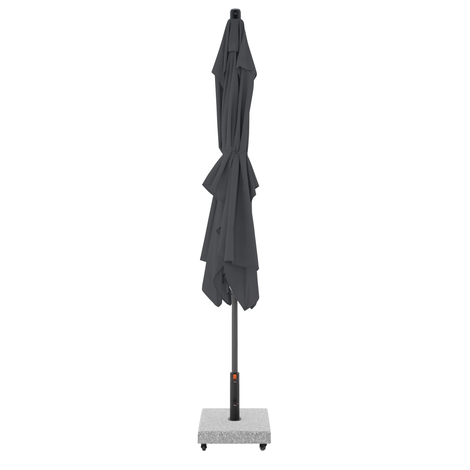 Geschlossener, anthrazitfarbener Doppler Mittelmastschirm myZone Auto Tilt, 300x200 cm, mit Mastfuß.
