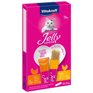 Vitakraft Jelly Lovers Huhn/Pute, 6x15g: Katzenleckerli mit Geflügel im pinken Karton.
