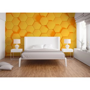 Fototapete mit orangefarbenem Hexagon-Muster im Schlafzimmer, 3,50 m x 2,55 m, FSC®-zertifiziert.