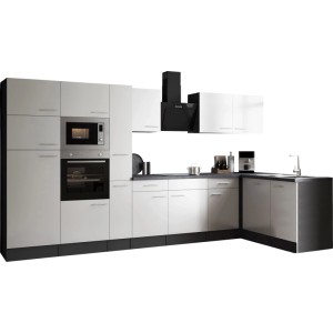 Respekta Winkelküche Oliver 370 cm in Weiß mit Elektrogeräten und Spüle.