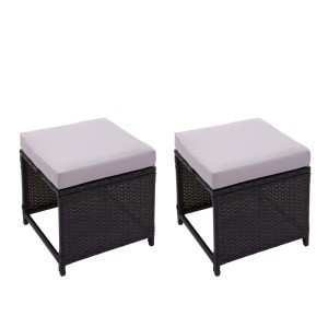 2er Set Poly-Rattan Hocker in Schwarz mit hellgrauen Kissen. Gartenhocker der Serie G16.