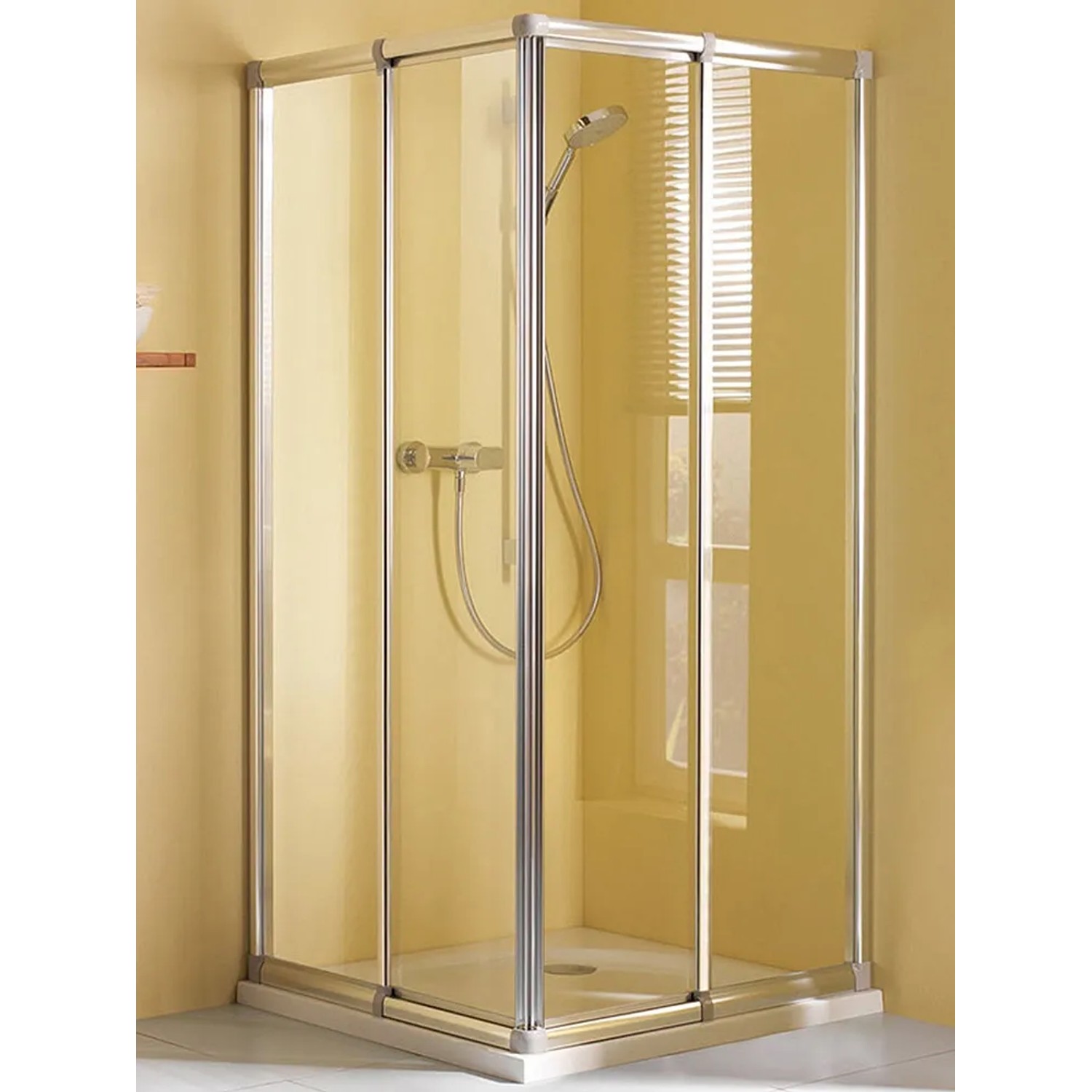 Breuer Eckeinstieg Fara 4 mit Schiebetür, Silber matt, Klarglas, 90x80 cm. Dusche mit Brausegarnitur.