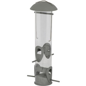 Siena Garden Vogelfutterspender, grau, mit transparenter Röhre und Futteröffnungen.