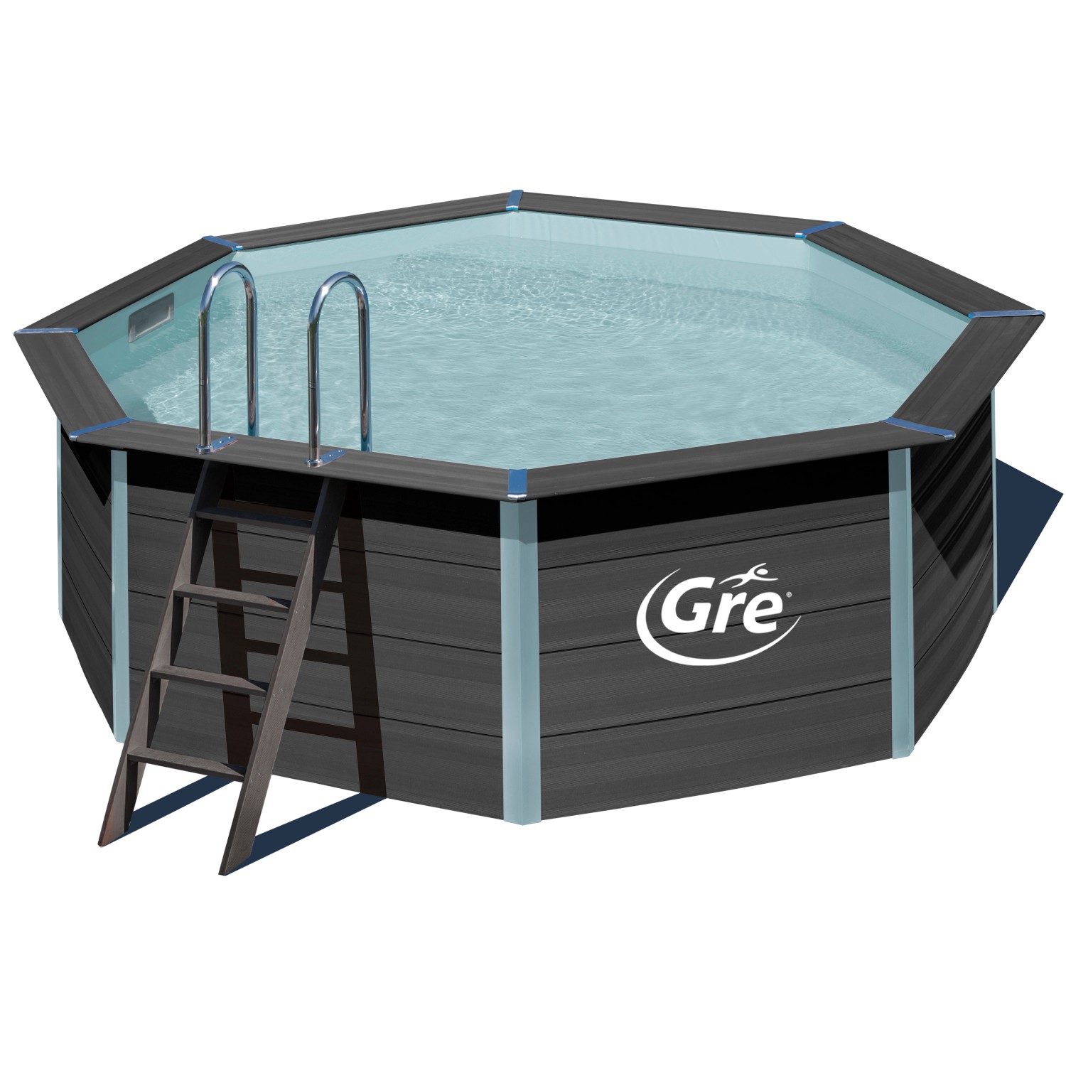 Achteckiger Gre Composite Pool Avantgarde mit Leiter und Sandfilteranlage.