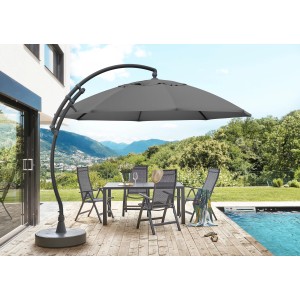 Sun Garden Ampelschirm Easy Sun, Ø 375 cm, grau meliert, über einer Sitzgruppe auf einer Terrasse.