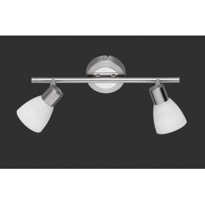 Dimmbarer LED-Spot Caprico, 2-flammig, Nickel matt mit weißen Glasschirmen.
