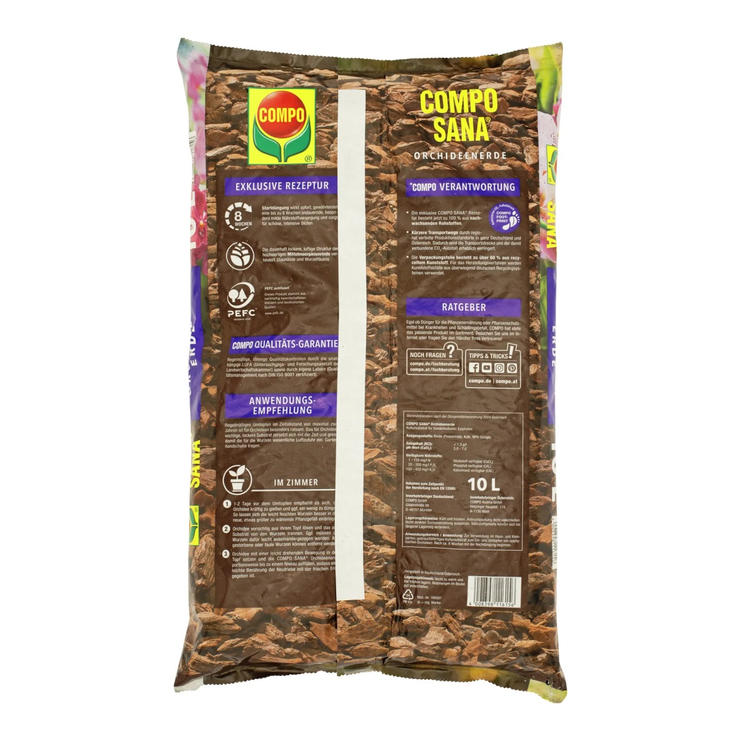 Sack Compo Sana Orchideenerde, 10 l, torffrei, für gesunde Orchideen.