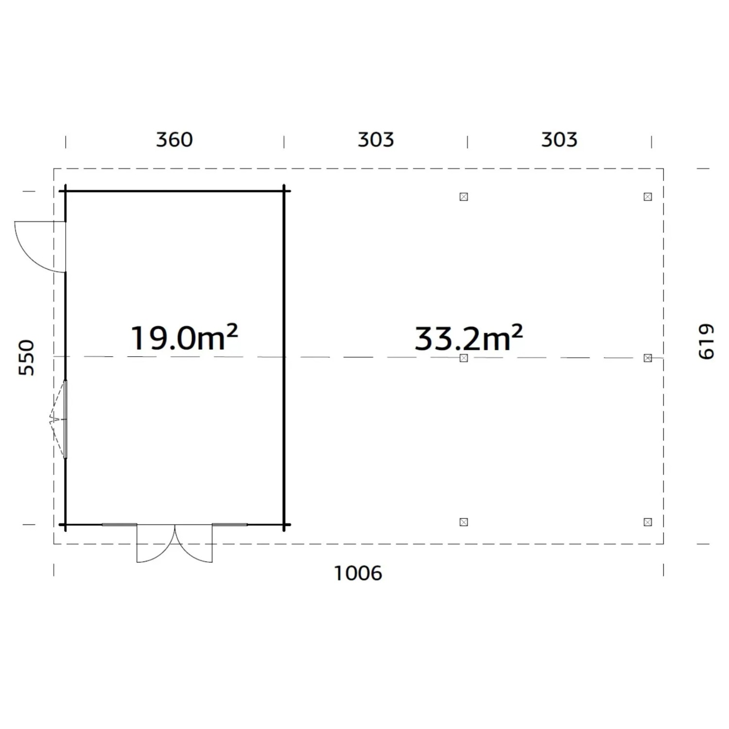 Grundriss Palmako Gartenhaus Irene, 956x550cm, grau, mit überdachtem Anbau. Ideal als Holz-Gartenhaus.