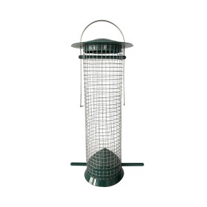 Vogelfuttersilo Easy mit grünem Dach und Metallgitter für Körnerfutter. Praktischer Vogelfutterspender für den Garten.