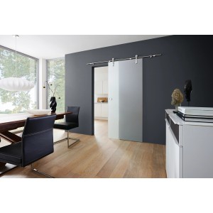 OBI Glasschiebetür Fumo, satiniert, 90x205 cm, mit offenem Laufrollensystem und Edelstahl-Schiene.