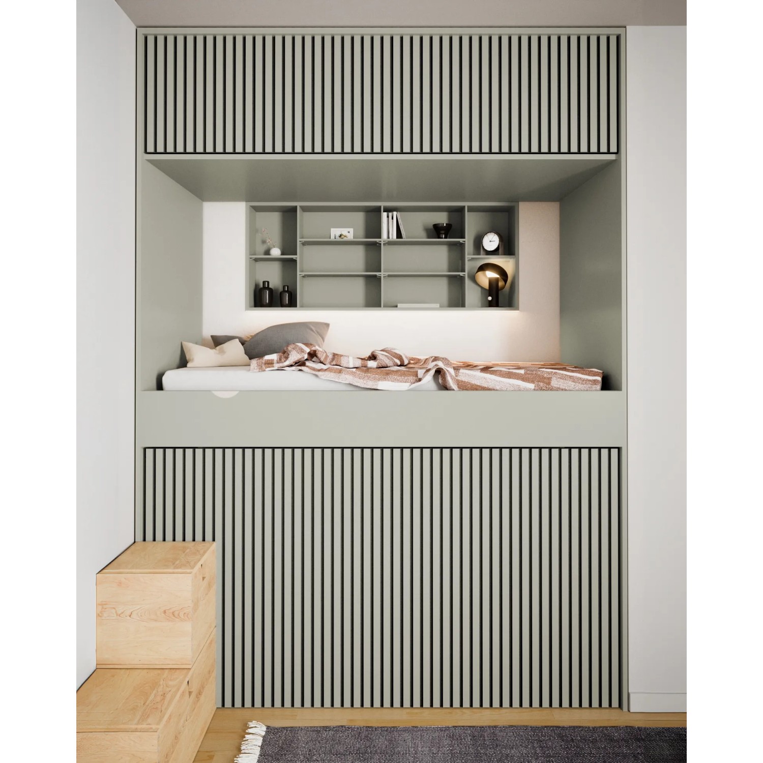 Raum mit Akustikpaneel Linoleum Pebble in Schwarz/Grün, montiert an Wand und Decke.