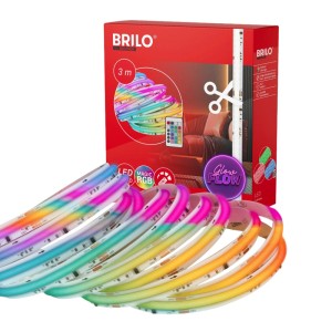 Brilo LED-Strip 3m mit RGBIC Farbmodi, Fernbedienung, kürzbar und selbstklebend, vor rotem Produktkarton.