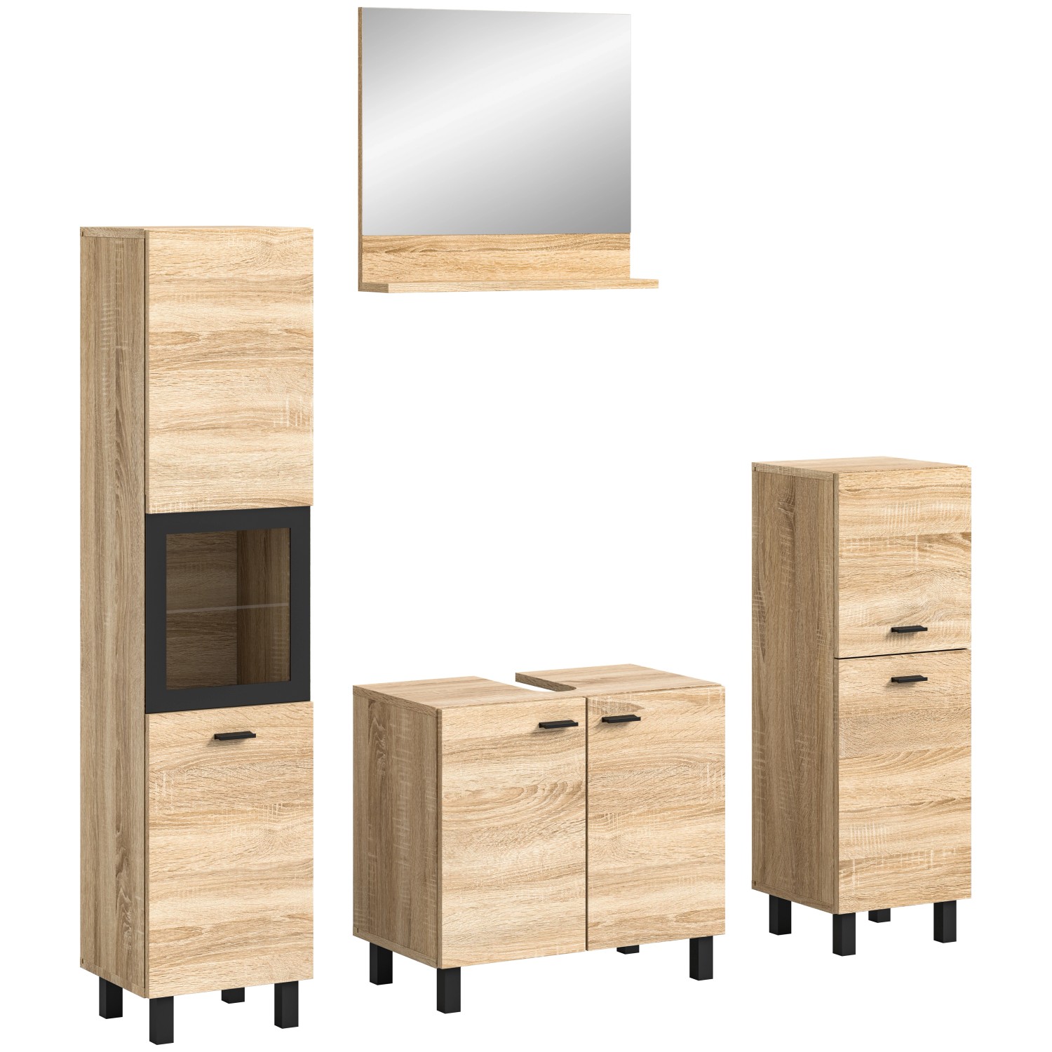 Badkombination Sonoma Eiche mit Spiegel und schwarzen Rahmen, Badmöbel Set.