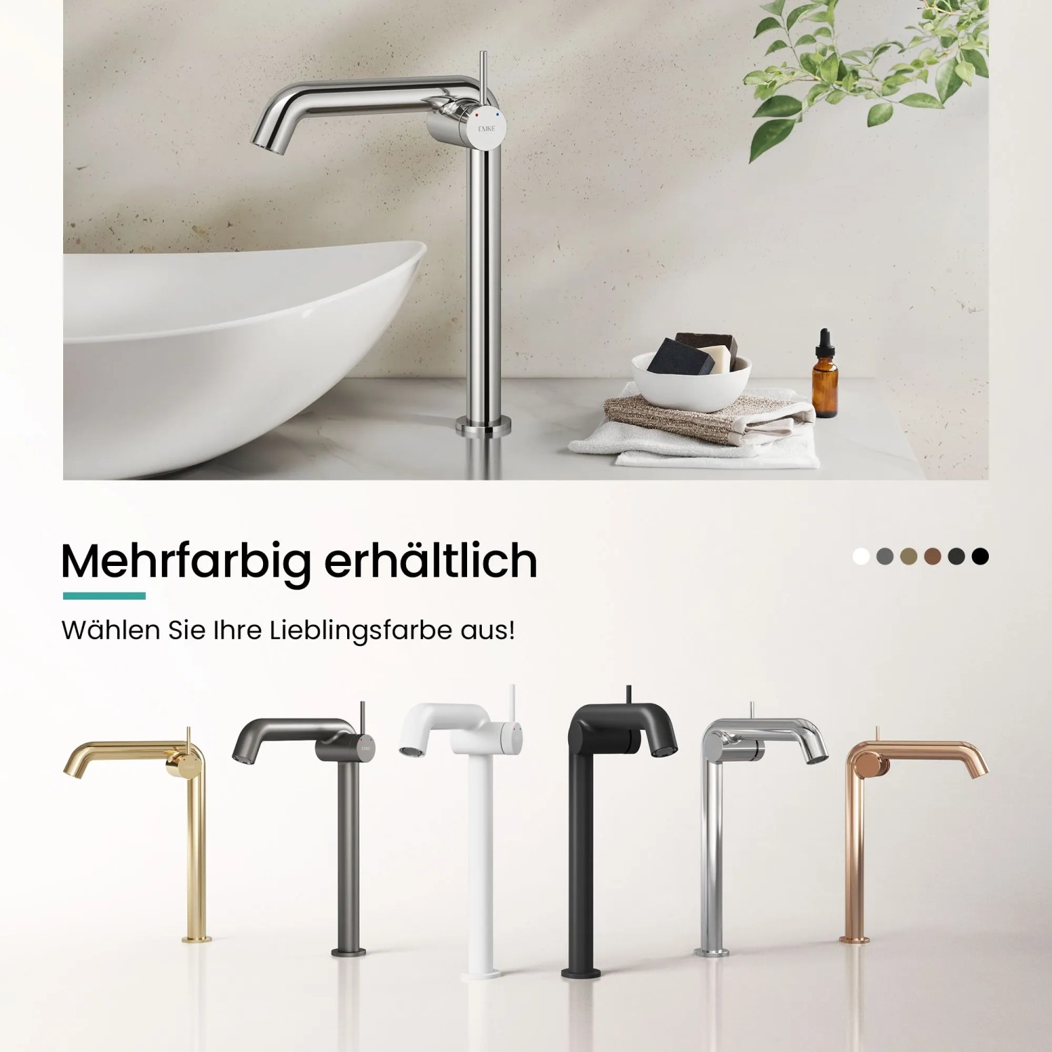 Emke Waschtischarmatur Chrom, Einhebelmischer für Bad. Moderne Armatur in verschiedenen Farben: Gold, Schwarz, Weiß, Kupfer.