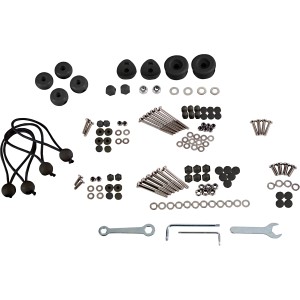 Montage-Set für Hollywoodschaukel Longview Anthrazit mit Schrauben, Muttern, Schlüsseln und Gummis.