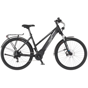 Schwarzes Fischer E-Bike Terra 5.0i mit Trapezrahmen und Gepäckträger.