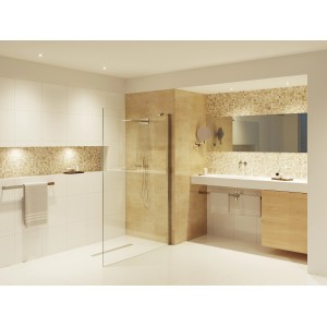 Modernes Badezimmer mit Dusche, Waschtisch und Mosaikfliesen in warmen Farben.