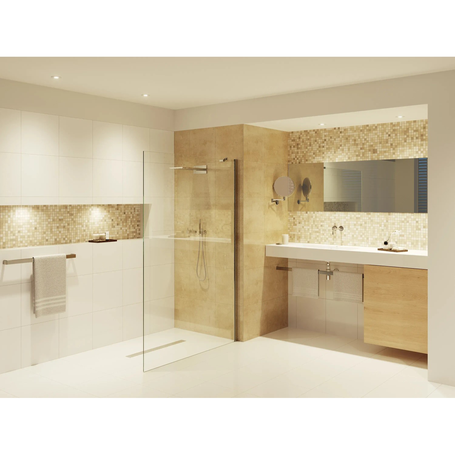 Modernes Badezimmer mit Dusche, Waschtisch und Mosaikfliesen in warmen Farben.