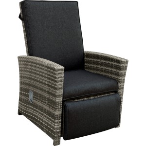 Verstellbarer Lounge-Relaxsessel Vermont aus Polyrattan in Shadow Dark Night mit Fußstütze.