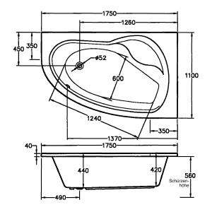 Technische Zeichnung Ottofond Whirlpool Loredana Mod. A Premium, Maße: 175x110 cm.