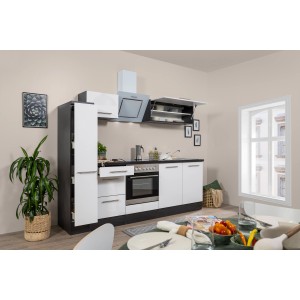 Respekta Premium Küchenzeile 240 cm, Weiß Hochglanz/Eiche Grau, mit E-Geräten und Apothekerschrank.