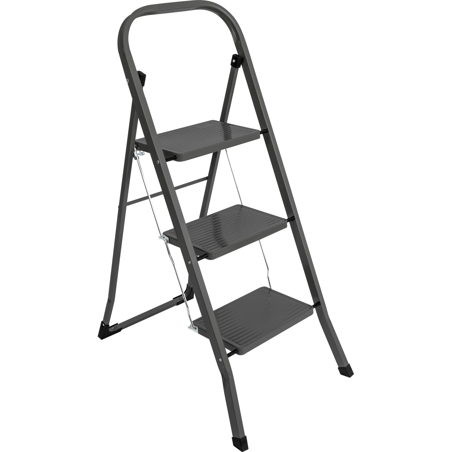 Zusammengeklappter, grauer 3-Stufen-Klapptritt aus Stahl. Leiter für den Haushalt.