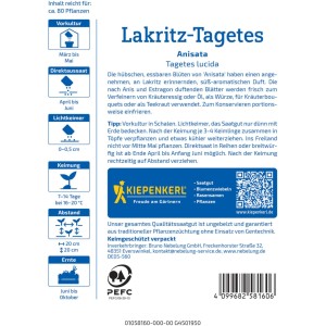 Kiepenkerl Saatgut Lakritz-Tagetes Anisata, Verpackung mit Infos zu Aussaat, Keimung und Ernte.