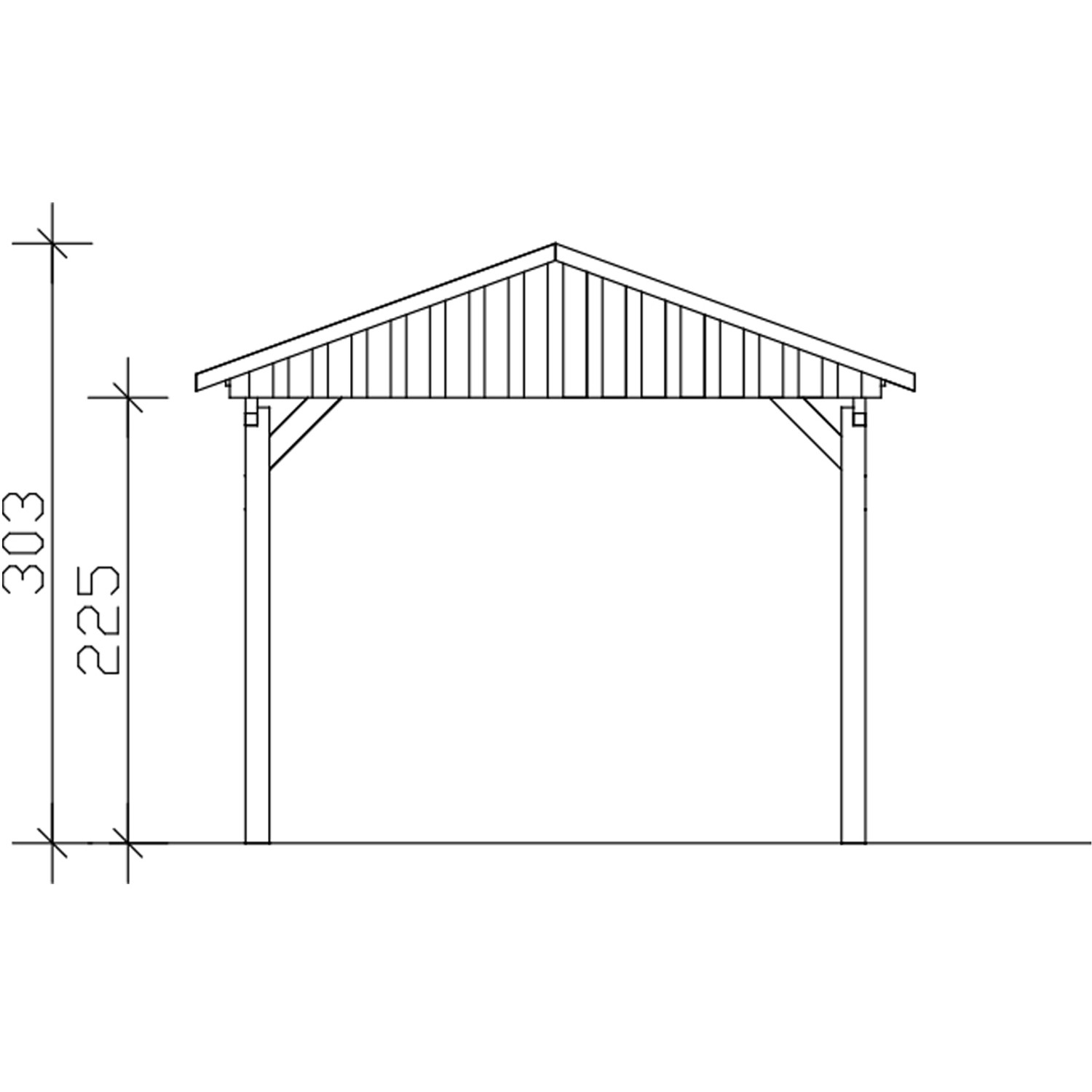 Technische Zeichnung: Skan Holz Carport Fichtelberg, 317x566 cm, rote Schindeln, weiße Pfosten. Maße: 303 cm hoch, 225 cm Einfahrtshöhe.