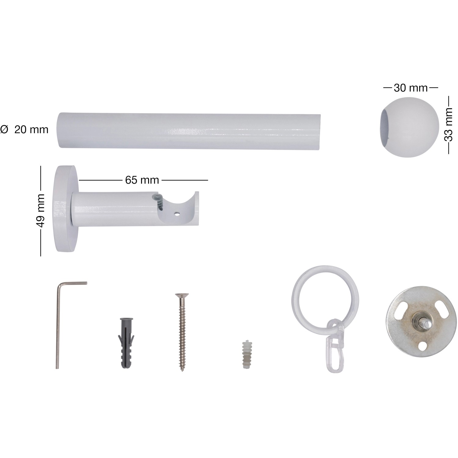Mydeco Gardinenstange Weiß, 100cm mit Endstück Ball, inkl. Zubehör.