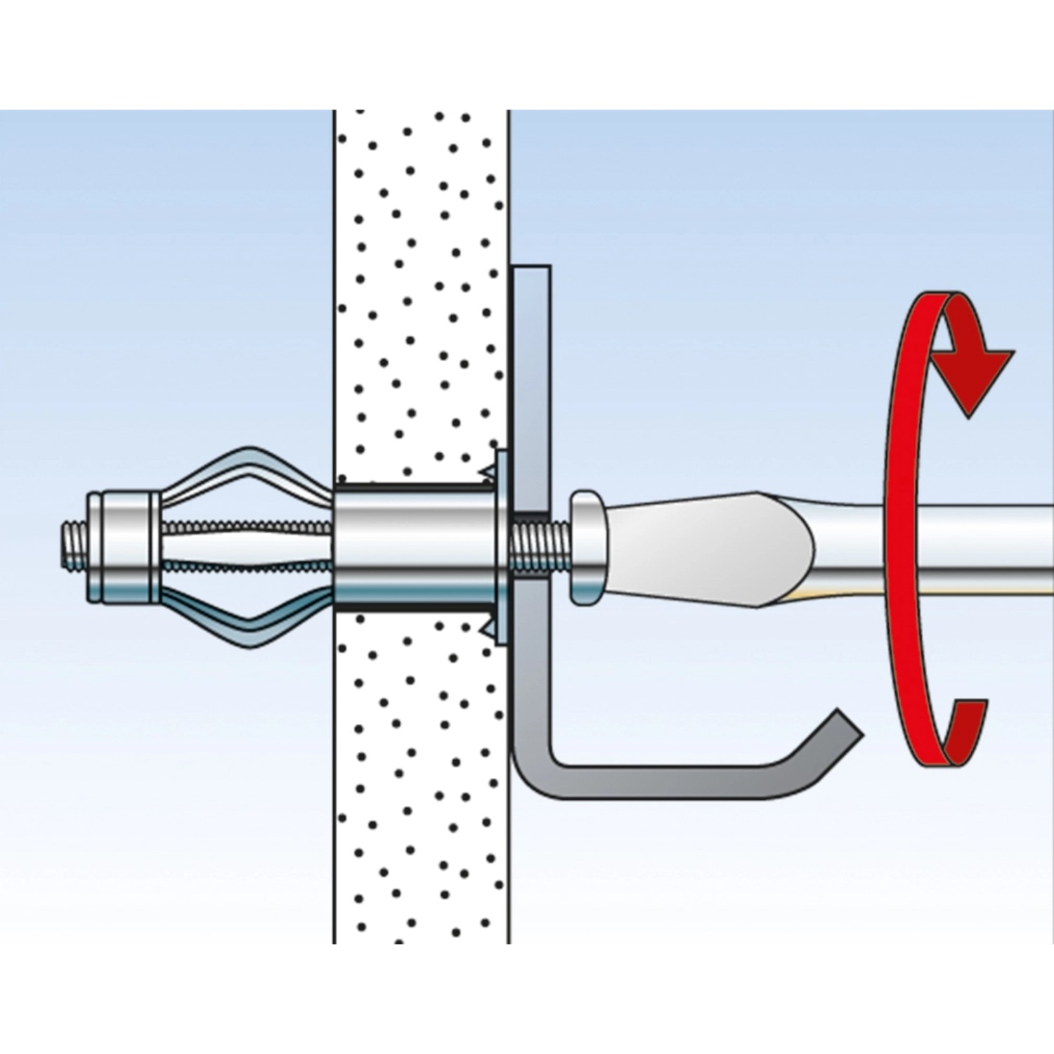 Illustration: Fischer Hohlraumdübel HM 4x45 S K Montage in Gipskartonwand mit Schraube.