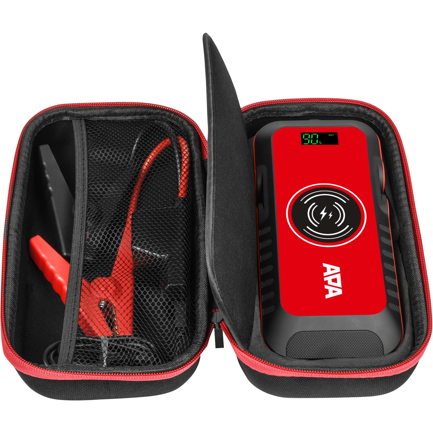 Apa Schnellstartsystem Powerpack (16.000 mAh) in Rot mit Starthilfekabeln und Tasche.