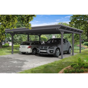 Skan Holz Doppelcarport Emsland in Schiefergrau mit zwei geparkten Autos.