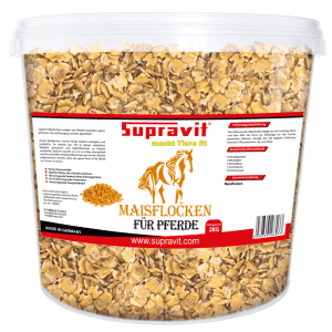 Supravit Maisflocken Pferdefutter in transparentem Eimer. Goldgelbe Maisflakes für Pferde, 2 kg, mit Etikett.