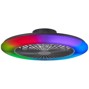 Schwarze LED-Deckenleuchte Salerno mit Ventilator (Ø 57,7 cm) und RGB-Beleuchtung.