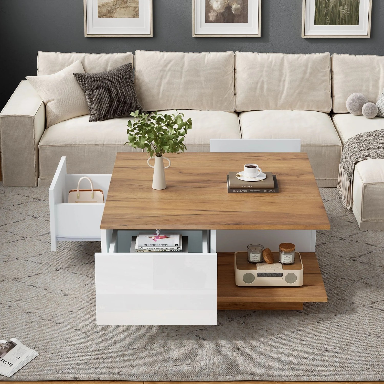 couchtisch mit esstisch funktion Rechteckiger, aufklappbarer Couchtisch, der in einen aus Holz und Schwarz umgewandelt werden kann - BOSTON Esstisch Baumkante Akazie natur