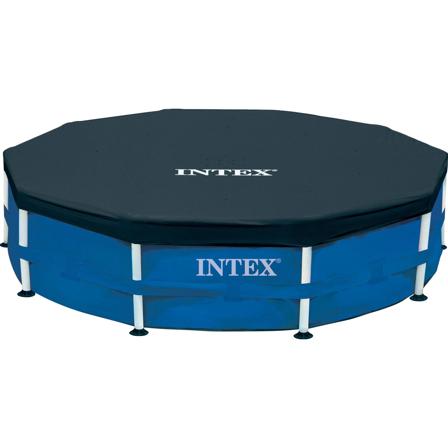 Intex Abdeckplane, Ø 366 cm, dunkelgrau, auf einem Pool montiert.