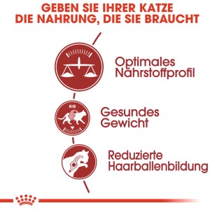 Grafik: Royal Canin Fit – Vorteile des Trockenfutters für aktive Katzen: Nährstoffe, Gewicht, Haarballen.