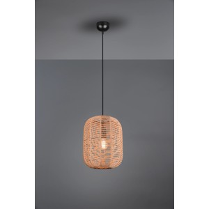 Moderne Trio Pendelleuchte Runa, Ø 35 cm, schwarz matt mit braunem Sisal-Schirm.