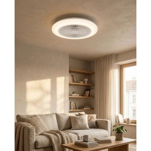 Weißer Eglo LED-Ventilator Windley (Ø 49,2 cm) mit Beleuchtung in modernem Wohnzimmer.