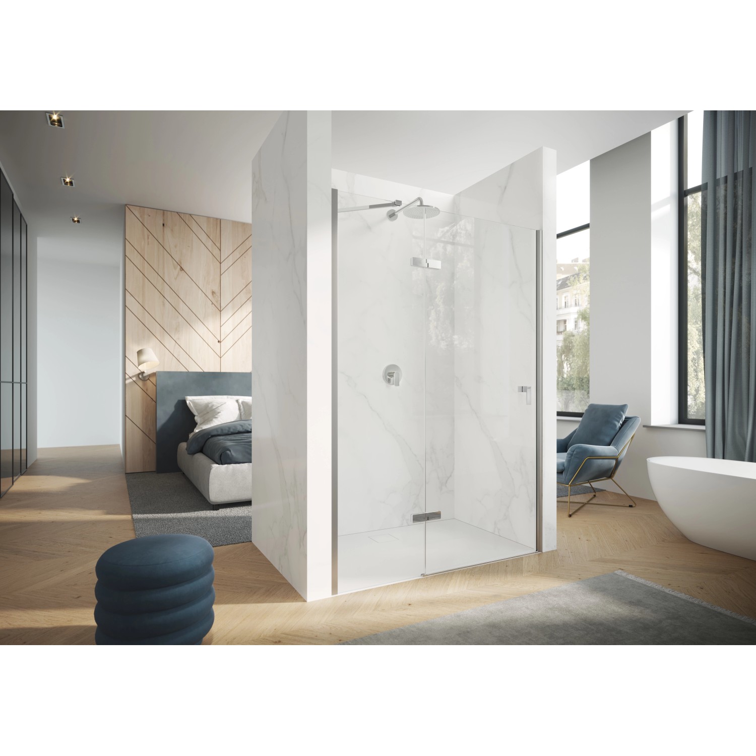 Hüppe Schwingtür Design Pure, 80x200 cm, Black Edition Walk-in Dusche im modernen Badezimmer.