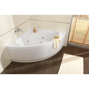 Weiße Laguna Eckwanne 136x136 cm mit Whirlpoolsystem und Chrom-Details.