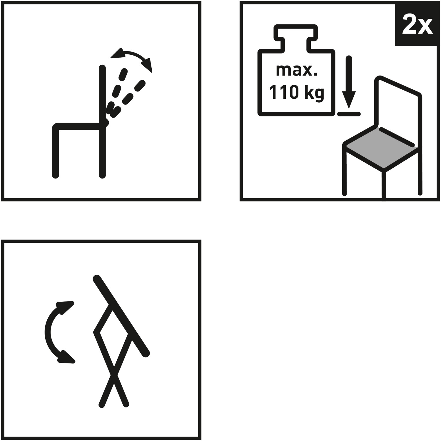 Symbole der Sitzgruppe Suriname: Verstellbare Rückenlehne, 110kg max. Belastung, klappbar.