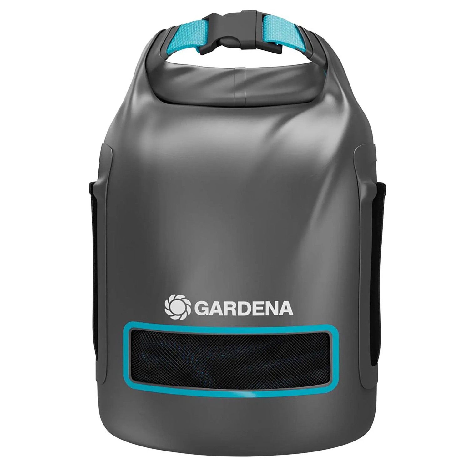 Gardena Liano™ Xtreme Gartenschlauch-Set mit Tasche zur Aufbewahrung. Graue Tasche mit blauem Tragegurt.