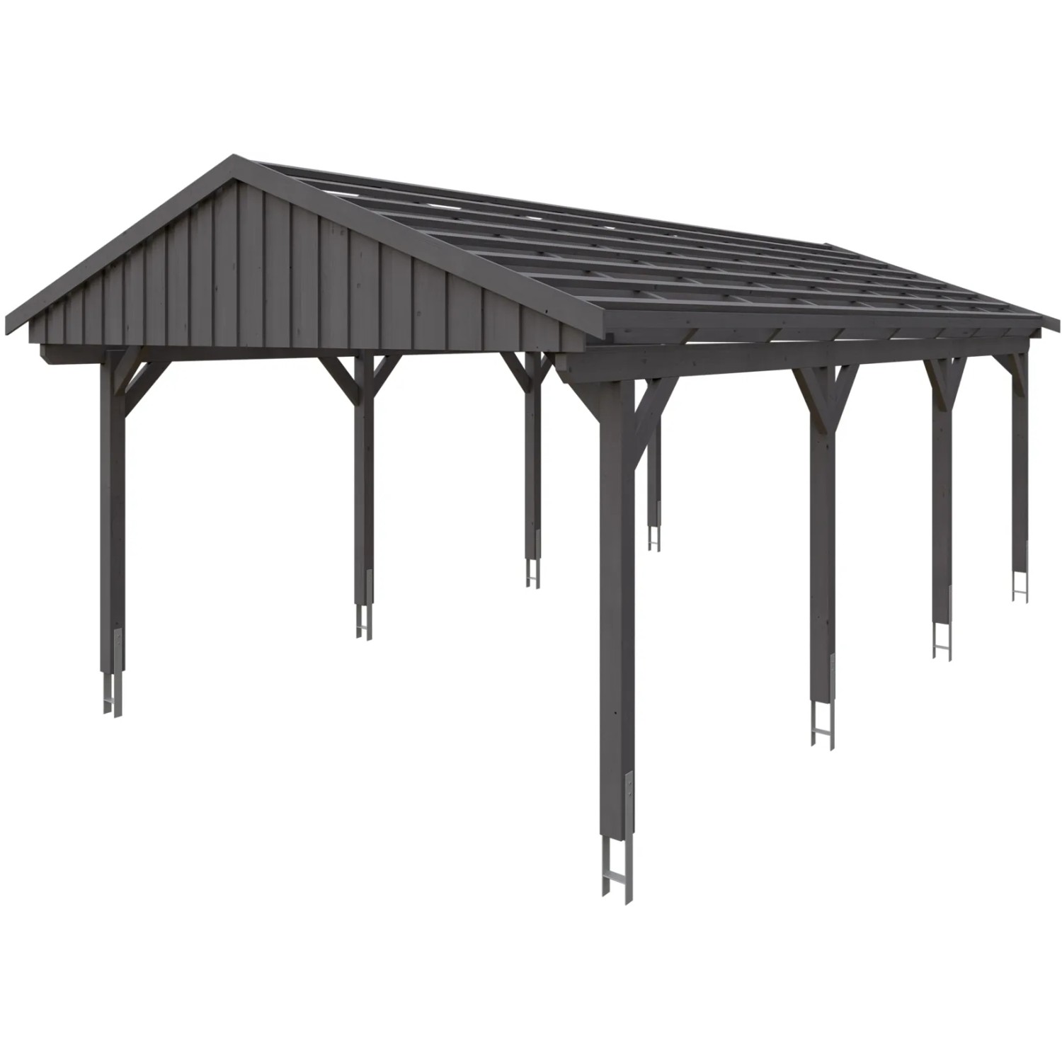 Skan Holz Carport Fichtelberg, schiefergrau, mit Dachlattung. Einzelcarport aus Fichte mit acht Pfosten.