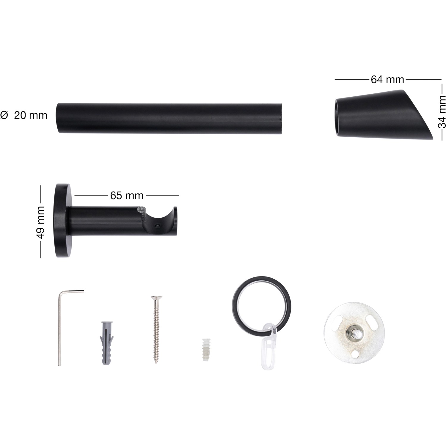 Mydeco Gardinenstange Schwarz mit Endstück Rag, Zubehör und Maßangaben.