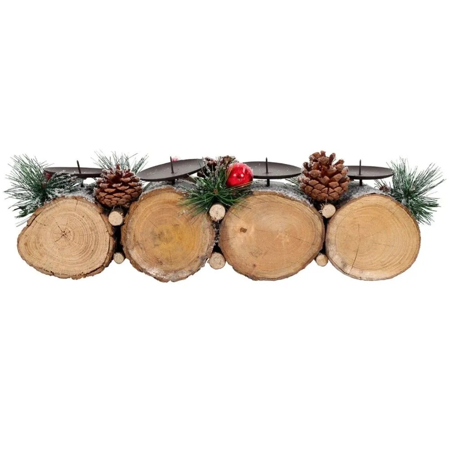 Adventsgesteck aus Holz mit 4 Kerzenhaltern und Deko, ohne Kerzen.