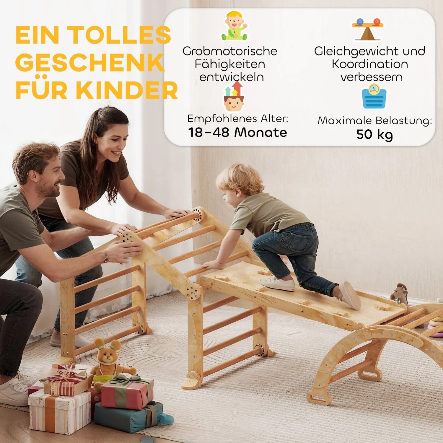 Kind klettert auf AIYAPLAY Klettergerüst aus Holz mit Rutsche, Eltern unterstützen. Fördert Motorik & Gleichgewicht.