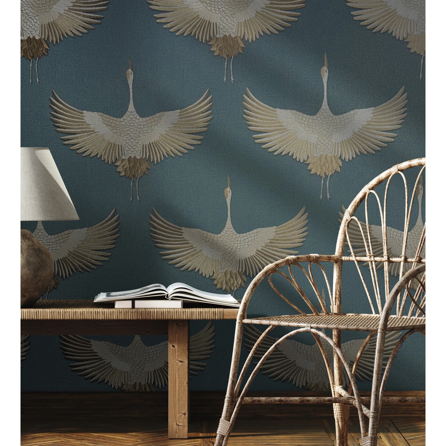 Blaue Marburg Vliestapete mit grafischem Natur-Design (Kraniche).